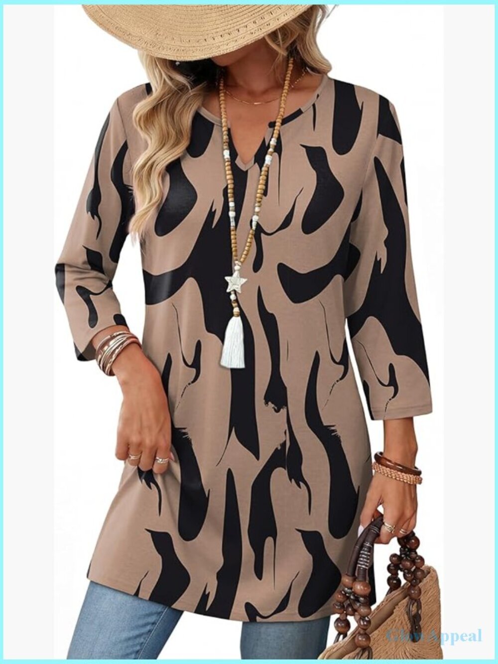 Boho Tunic Top 3/4 Sleeve V-Neck Summer Casual Plus Size Blouse